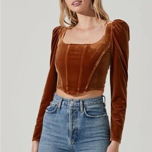 ASTR The Label Ashbury Velvet Corset Long Sleeve Small Gold Top